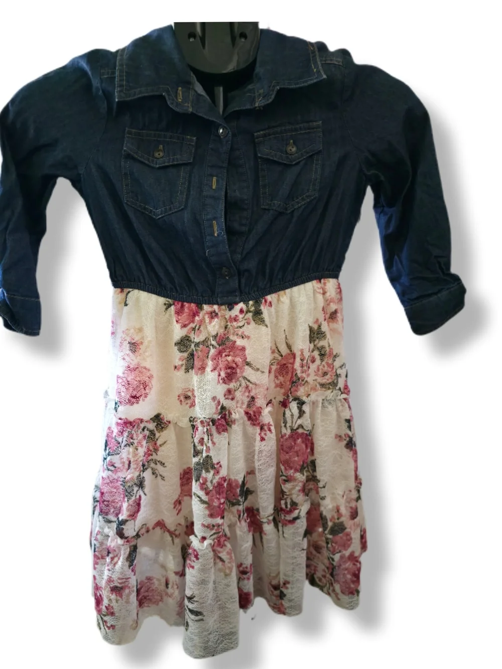Girls Size 7/8 Denim Top Dress With Floral Lace Skirt Bottom